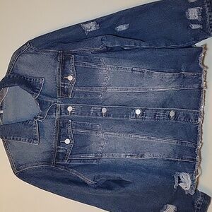 Distressed Blue Denim Trucker Jacket Women 2XL Ripped Raw Hem Medium Wash